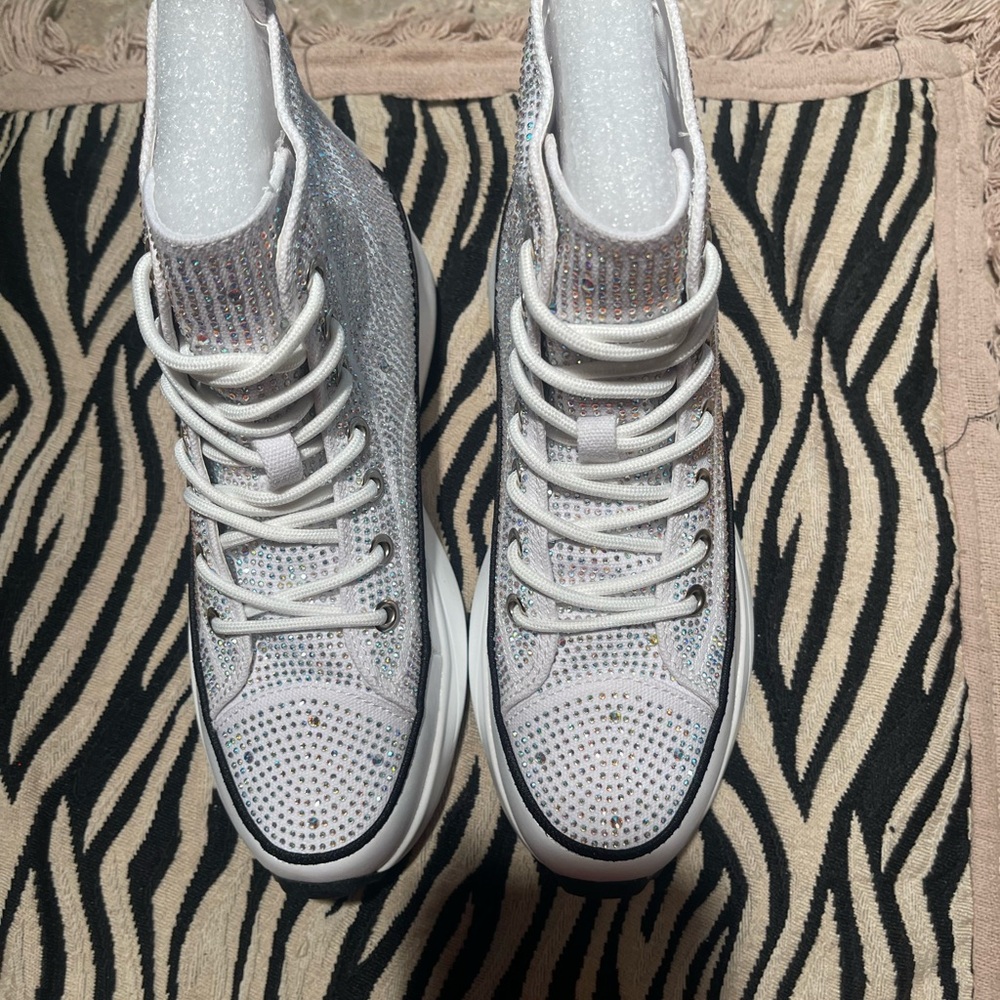 BERNESS Silver White High-Top Sneakers with Rhinestone Accents